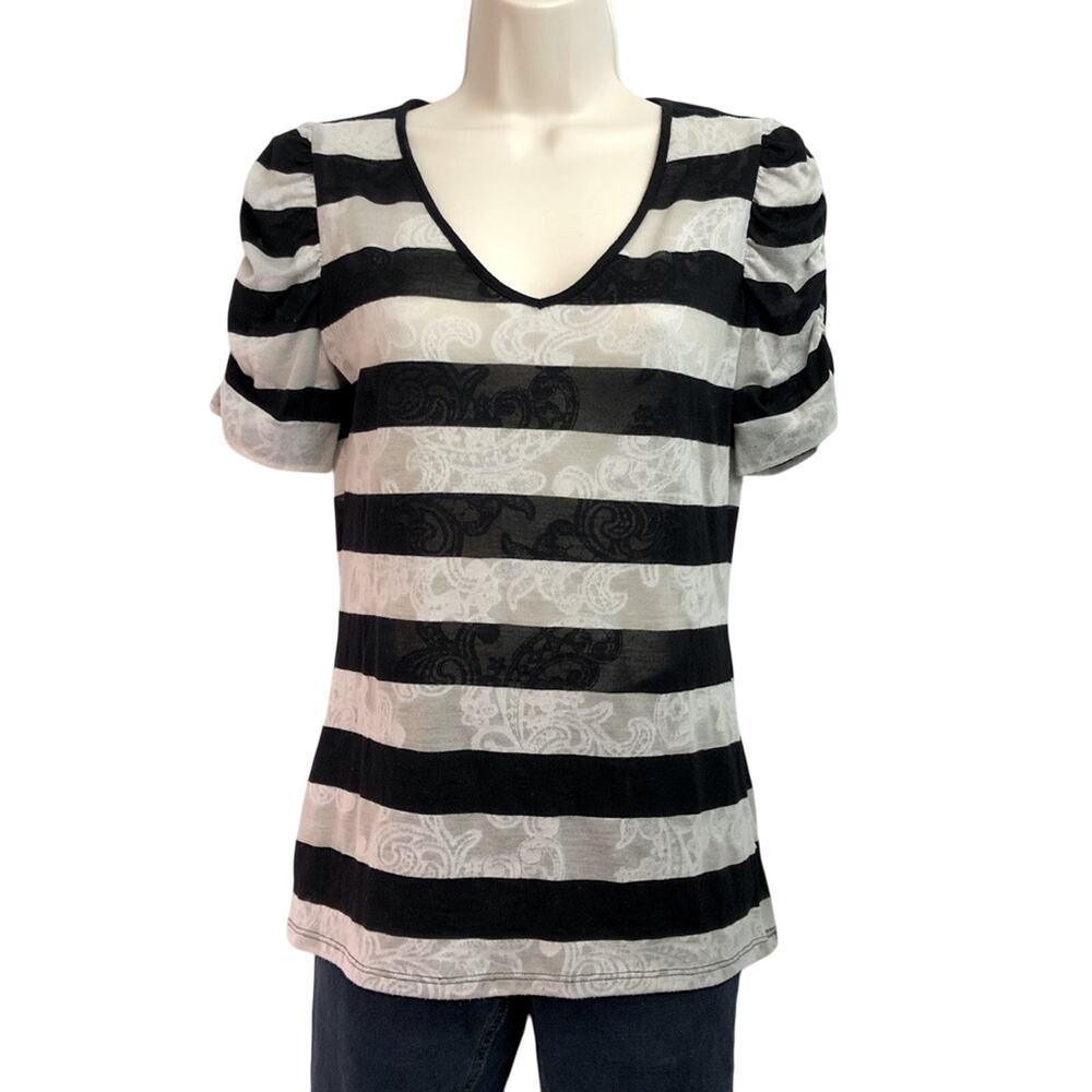 INC International Concepts Black Tan Stripe T Shirt Ruched Short Sleeve V Neck